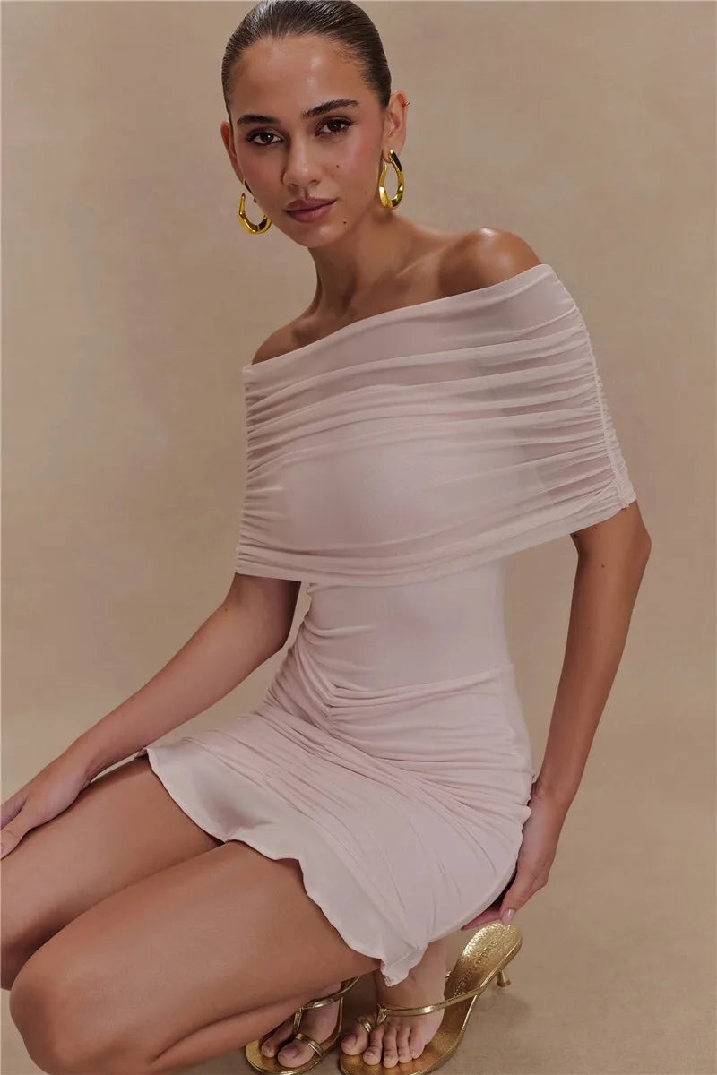 Mesh Strapless Off-shoulder Sexy Ruffled Mini Dress For Women Fashion Backless High Waist Female Ruched Party Dress