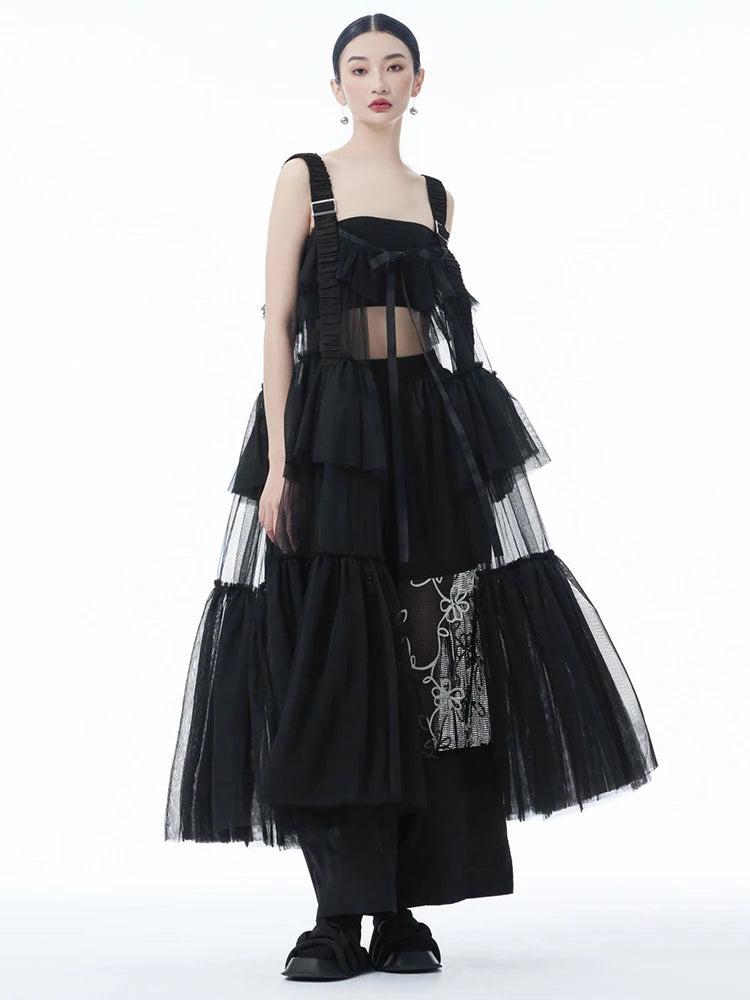 Women Black Mesh Perspective Big Size Strap Dress New Square Collar Sleeveless Fashion Tide Spring Summer 2025 1DJ1242