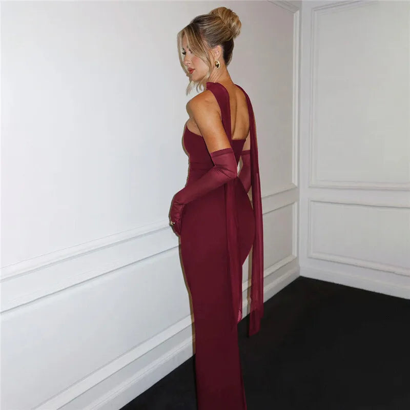 Strapless Backless Sexy Maxi Dress For Women Burgundy Mesh Sleeve Off-shoulder Bodycon Club Party Evening Long Dress