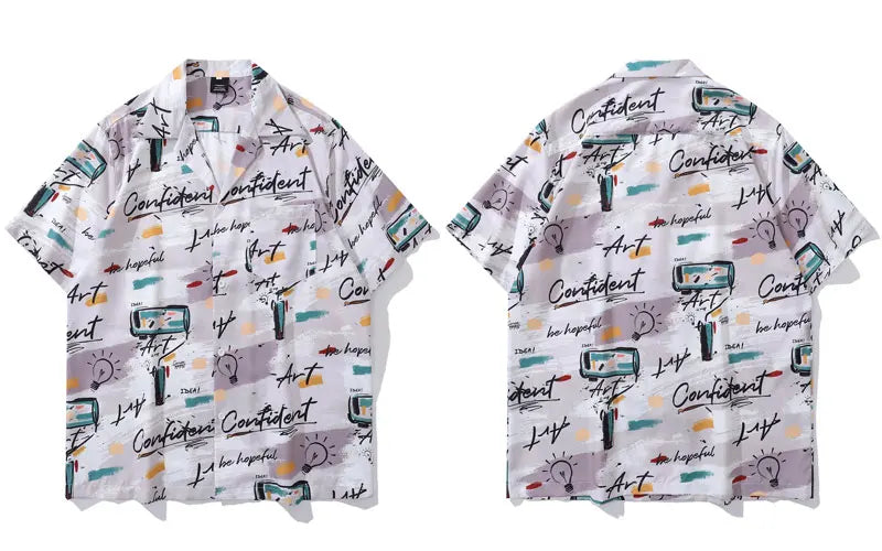 Vintage Hawaiian Shirts Men Graffiti Graphic Printed Summer Beach Blouse Hip Hop Harajuku Baggy Short Sleeve Button Up Tops