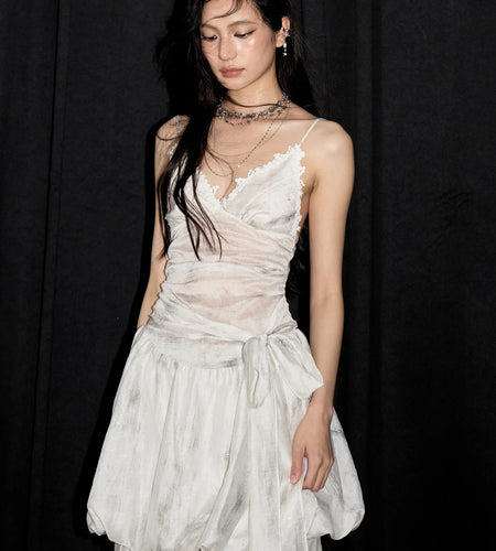 Women White Printed Thin Lace Mini Bud Spaghetti Strap Dress New V-Neck Sleeveless Fashion Tide Spring Summer 2025 1DJ1453