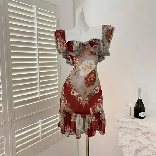 Load image into Gallery viewer, French Red Print Elegant Square Neck Slim Sexy Party Short Dress Women's Summer New Ruffled Edge Dresses Fashion Bohemian Trendy
