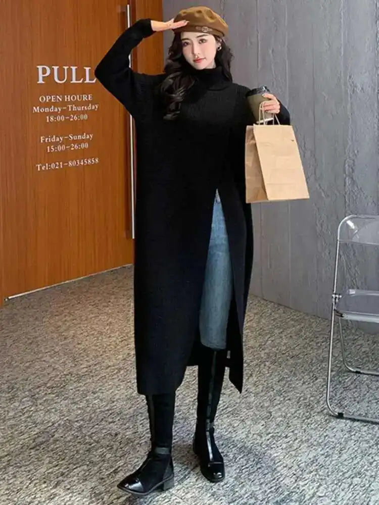 Women Orange Knitting Long Slit Big Size Dress New Turtleneck Long Sleeve Loose Fit Fashion Spring Autumn 2025 1DE5886