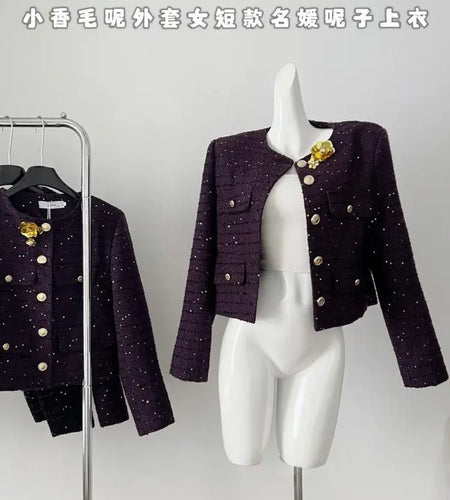 Autumn Vintage New Women's Black Temperament Round Neck Jacket French Fashion Purple Single Breasted Long Sleeve Short Coat Chic