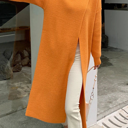 Load image into Gallery viewer, Women Orange Knitting Long Slit Big Size Dress New Turtleneck Long Sleeve Loose Fit Fashion Spring Autumn 2025 1DE5886
