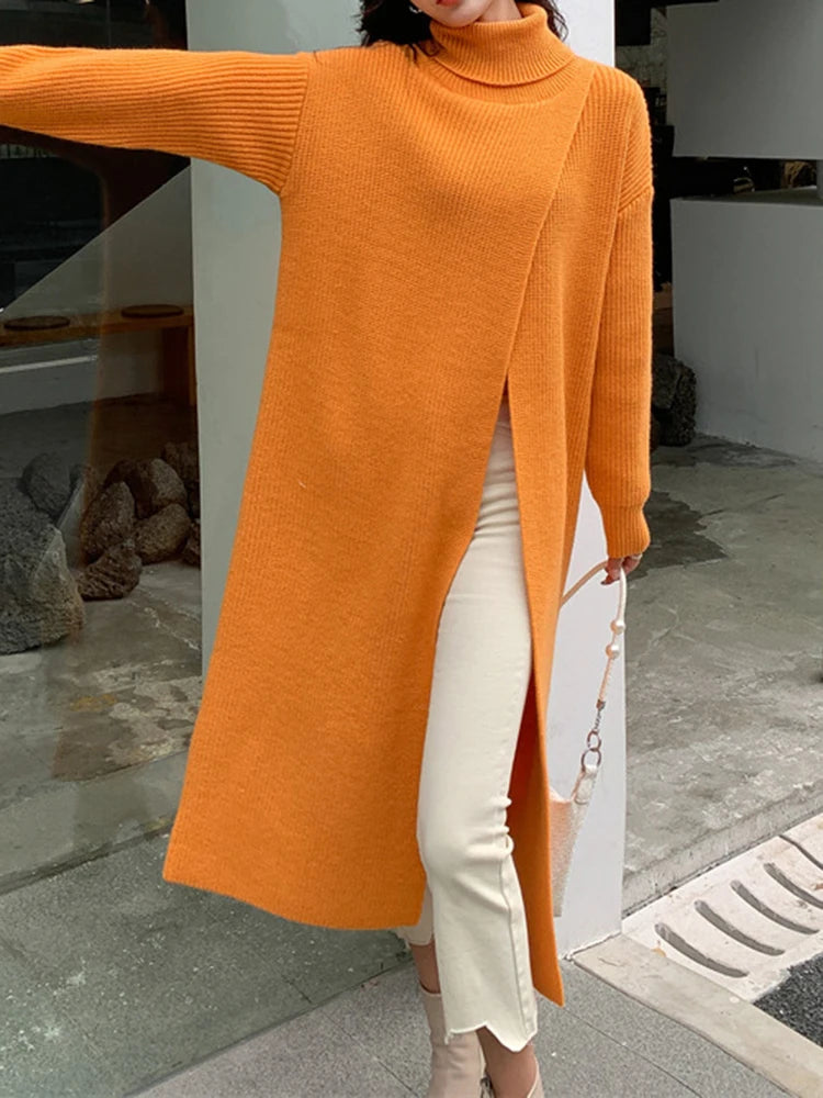 Women Orange Knitting Long Slit Big Size Dress New Turtleneck Long Sleeve Loose Fit Fashion Spring Autumn 2025 1DE5886