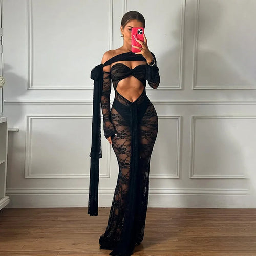 Load image into Gallery viewer, Lace See Through Strapless Sexy Maxi Dress For Women Gown Halter Hollow Out Sleeveless Backless High Split Long Dress
