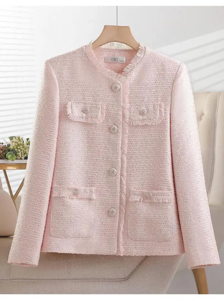 Korean Retro Pink Beige Women's Single Breasted Sequins Blazer Jacket 2024 New Spring Autumn Red Temperament Goddess Top Popular