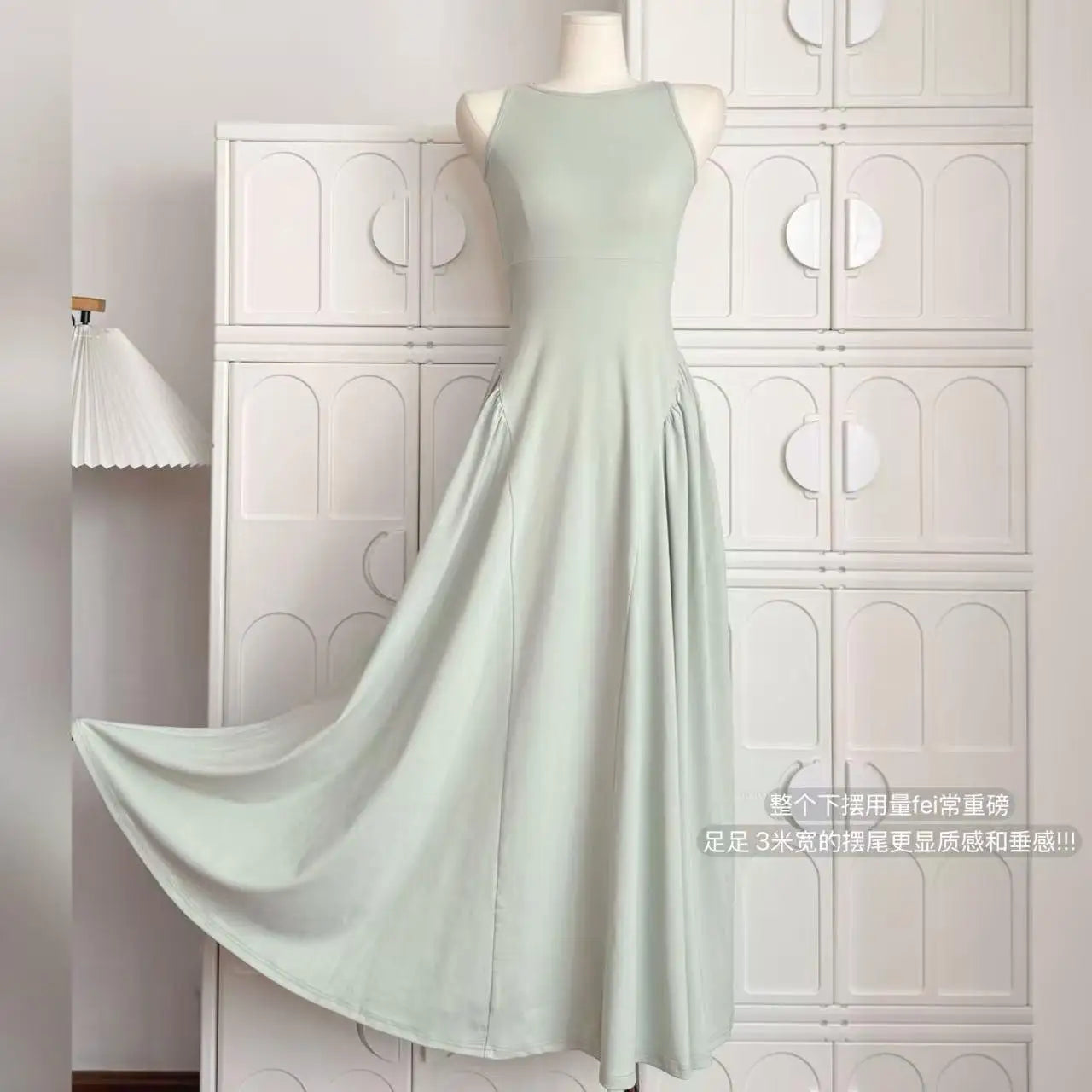 Summer Green Elegant Sleeveless Hollow Out Slim Pleated Long Dress Women's New Round Neck High Waist Vacation Vest Dress Fashion