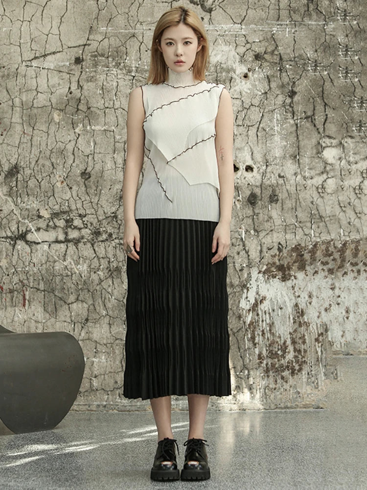 High Elastic Waist Black Pleated Shaped Elegant Midi Half-body Skirt Women Fashion Tide New Spring Autumn 2025  1DF6806