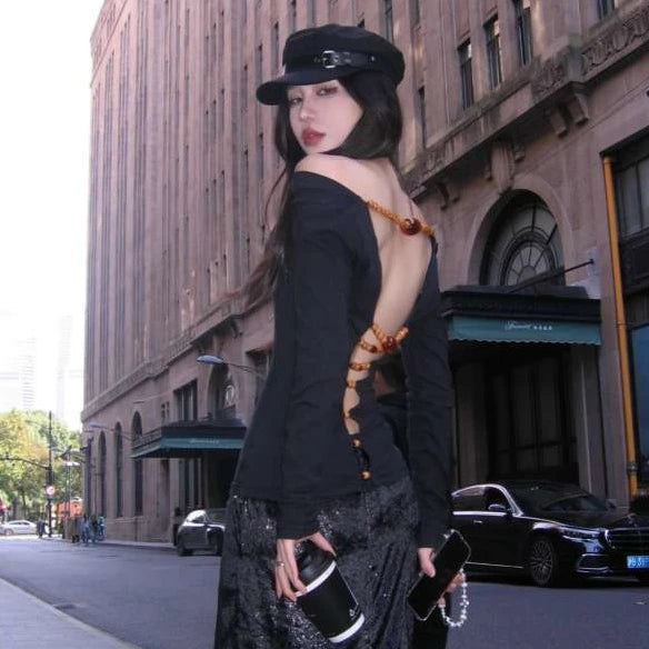 Sexy Hollow Out Grunge String Beads Shirts Femme Slim Y2k Aesthetic Solid Streetwear Cropped Tops Women Harajuku Grunge T-shirt