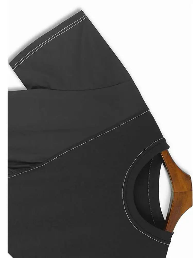 Women Black Pleated Color-block Big Size Midi Dress New Round Neck Short Sleeve Fashion Tide Spring Summer 2025 1DH5237