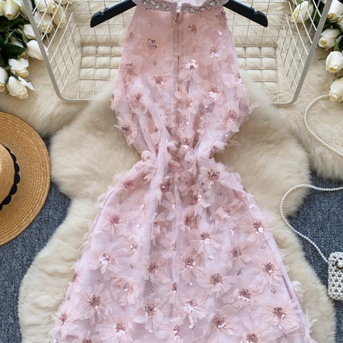 Load image into Gallery viewer, French Retro Women Pink Sequin Diamonds Elegant Hollow Out Halter Short Dress Summer Sleeveless Evening Party Dress Popular Chic
