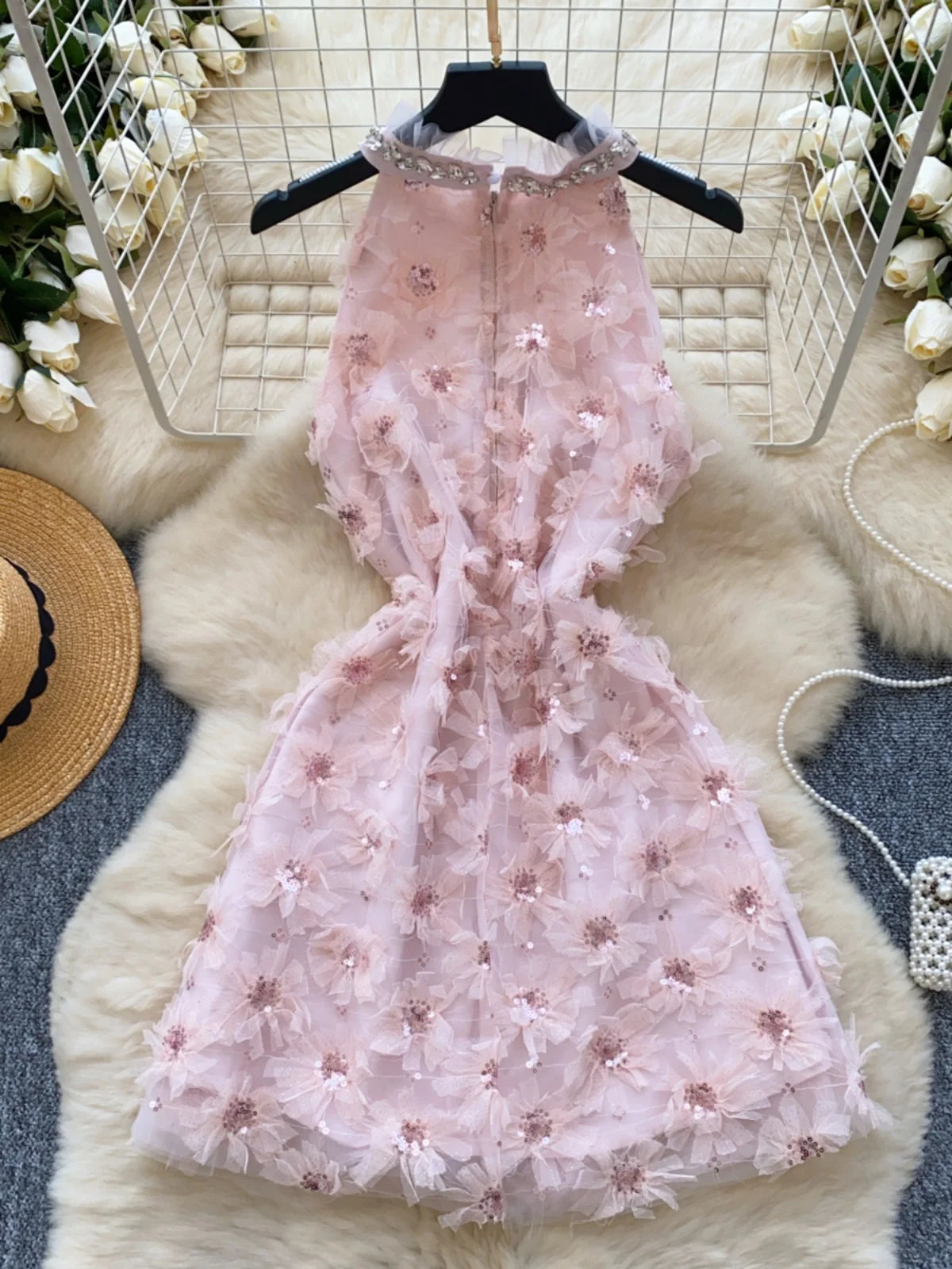 French Retro Women Pink Sequin Diamonds Elegant Hollow Out Halter Short Dress Summer Sleeveless Evening Party Dress Popular Chic