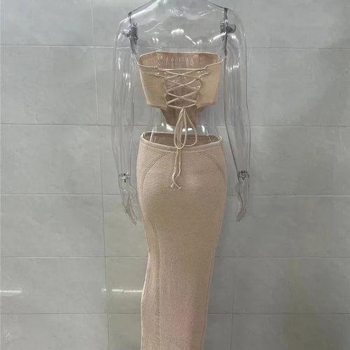 Load image into Gallery viewer, Elegant Knit Skirt Two Piece Sets Women Strapless Bandage Crop Tops And Maxi Skirt Femme Lace Up Sexy Ttwo Piece Sets
