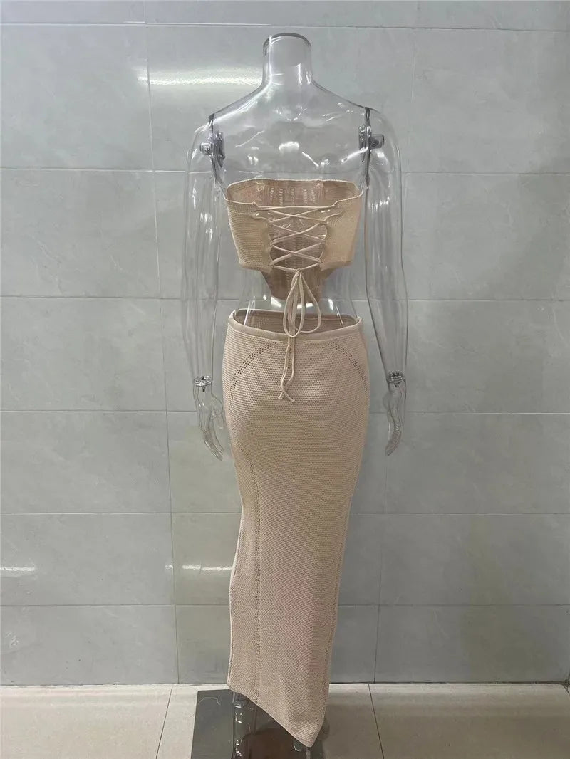 Elegant Knit Skirt Two Piece Sets Women Strapless Bandage Crop Tops And Maxi Skirt Femme Lace Up Sexy Ttwo Piece Sets