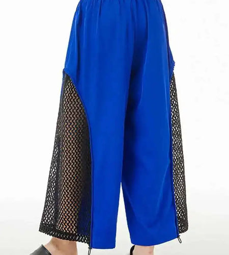 High Elastic Waist Blue Mesh Hollow Out Wide Leg Trousers New Loose Fit Pants Women Fashion Spring Autumn 2025 1DE8664