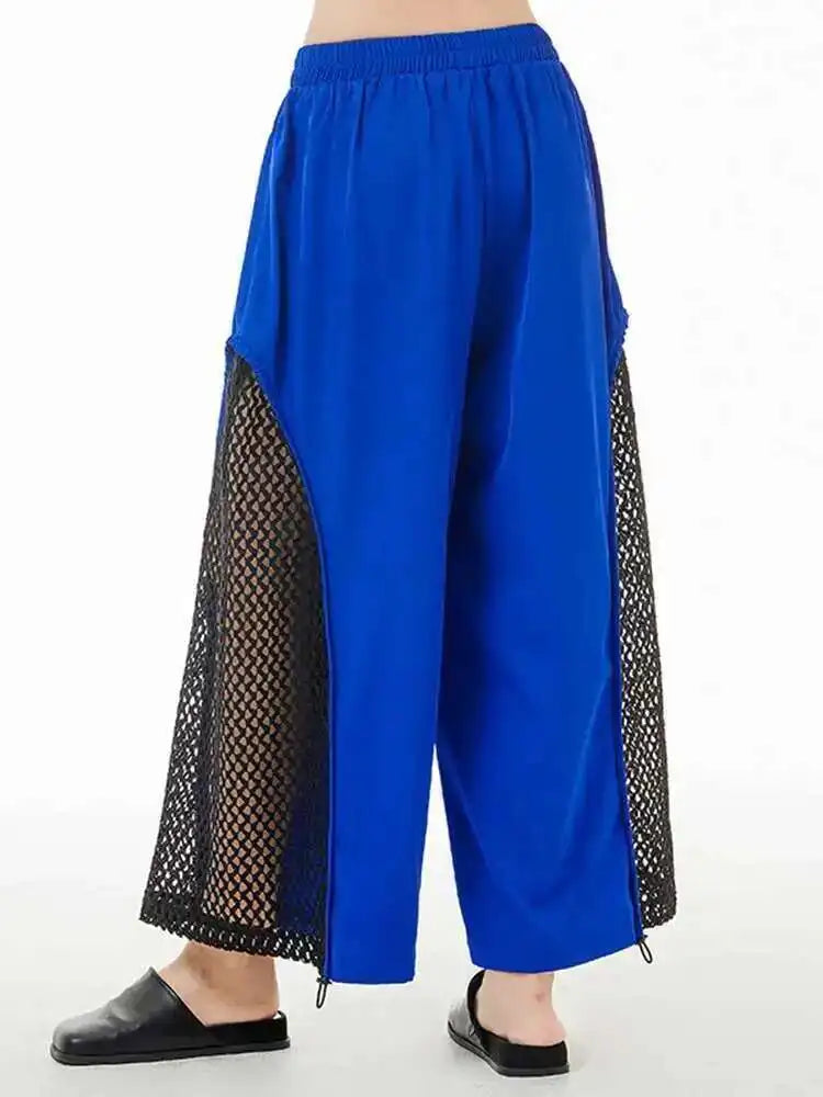 High Elastic Waist Blue Mesh Hollow Out Wide Leg Trousers New Loose Fit Pants Women Fashion Spring Autumn 2025 1DE8664