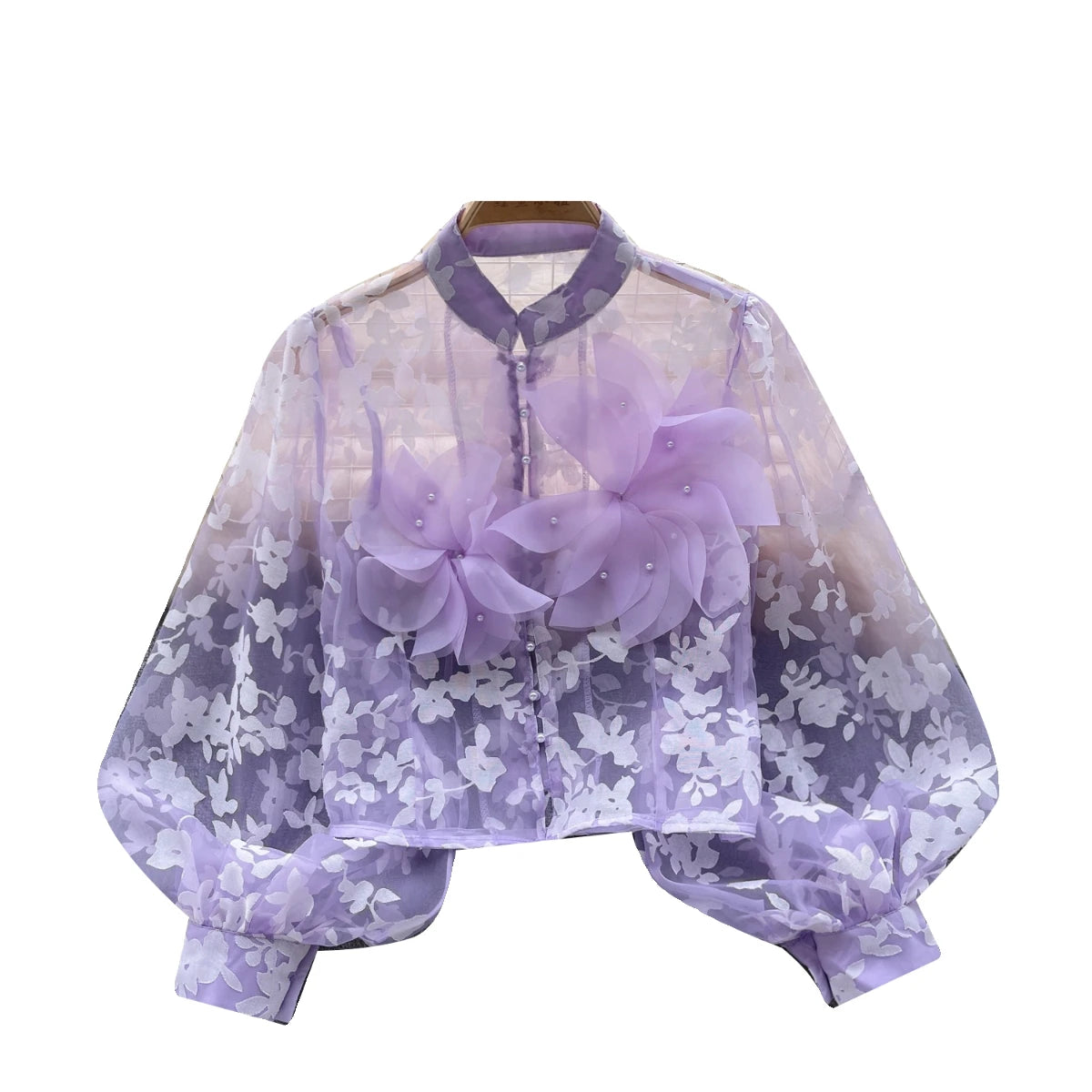 Autumn Women French Retro Mesh 3d Flower Design Blouse Long Sleeve 2023 Elegant Holiday Print Single Breasted Shirt Romantic Y2k