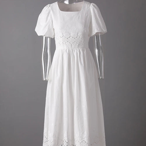 Load image into Gallery viewer, Women White Lace Hollow Out Elegant Slim Dress New Square Collar Short Sleeve Fashion Tide Spring Summer 2025 CPG3161
