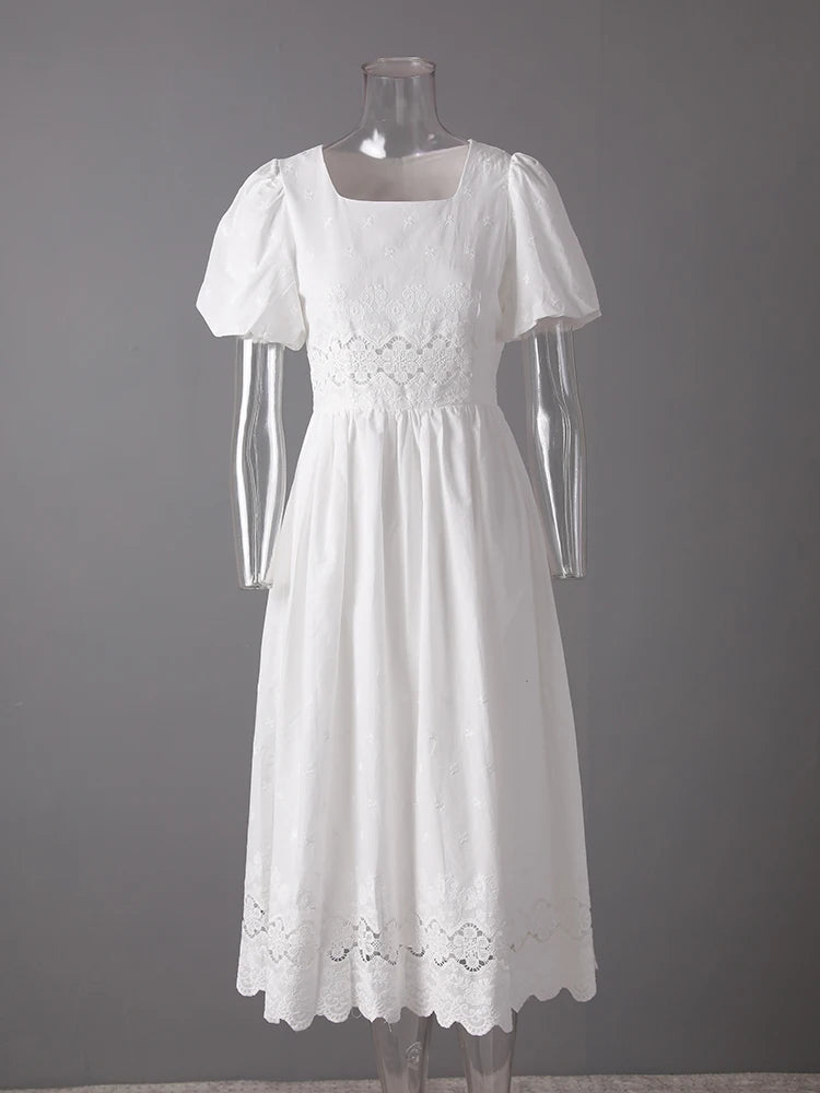 Women White Lace Hollow Out Elegant Slim Dress New Square Collar Short Sleeve Fashion Tide Spring Summer 2025 CPG3161