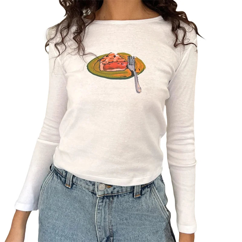 y2k Crop Top 2000s Women Graphic Cherry/Cake Print Round Neck Long Sleeve T Shirt Aesthetic Clothing White Streetwear