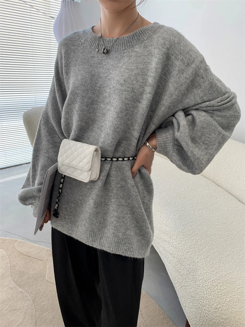 Blue Big Size Casual Knitting Sweater Round Neck Long Sleeve Women Pullovers New Fashion Tide Spring Autumn 2025 1DH6451