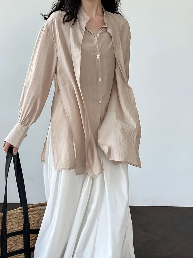 Women Apricot Irregular Cross Big Size Blouse New Stand Collar Long Sleeve Shirt Fashion Tide Spring Autumn 2025 1DJ1690