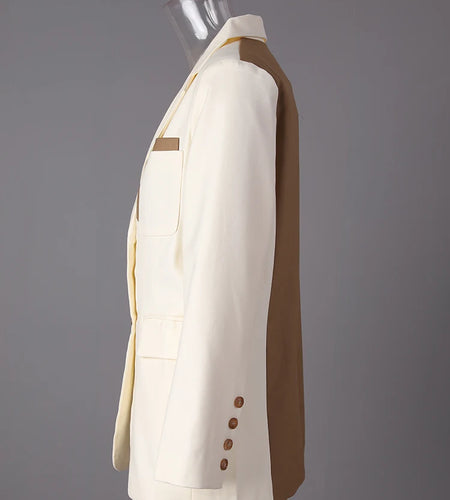 Women Beige Color-block Back Button Big Size Blazer New Lapel Long Sleeve Jacket Fashion Tide Spring Autumn 2025 30A3069