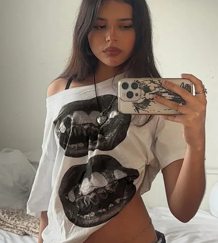 American Street Hip Hop Mouth Print Loose T-shirt Women Personalized Casual Top