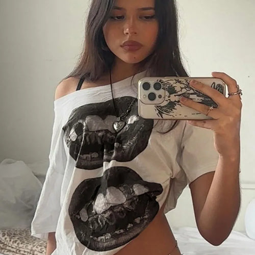 Load image into Gallery viewer, American Street Hip Hop Mouth Print Loose T-shirt Women Personalized Casual Top
