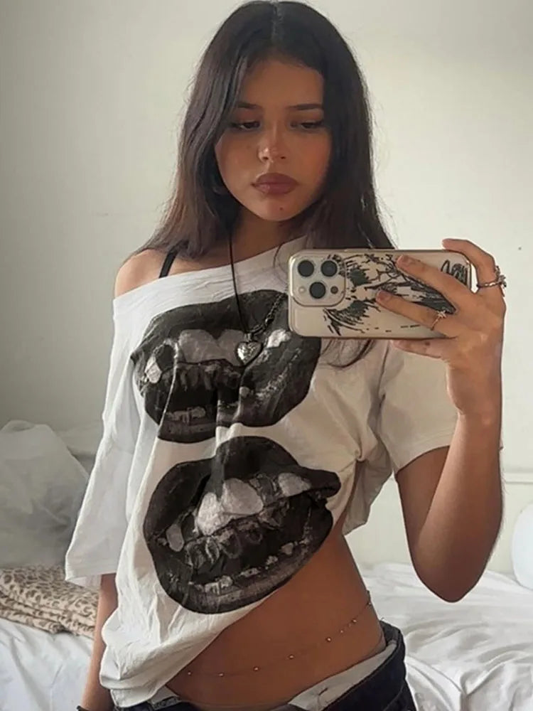 American Street Hip Hop Mouth Print Loose T-shirt Women Personalized Casual Top