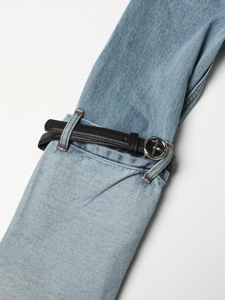 Patchwork Belt Casual Denim Jackets For Women Lapel Long Sleeve Spliced Single Breasted Minimalist Short Jacket Female