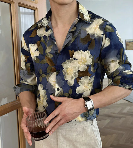 Men's Long Sleeve Shirts New Spring Casual Printing Design Korean Losse Single Breasted Stylish Turn-down Collar Top 9W1577