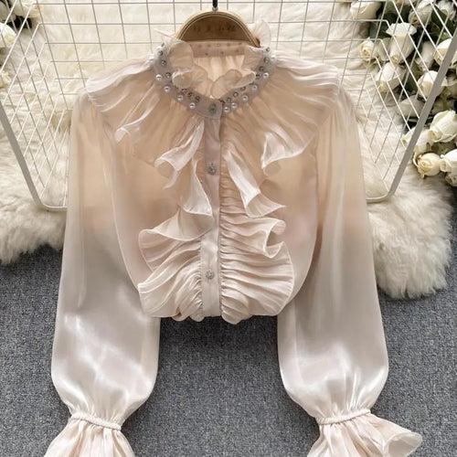 Load image into Gallery viewer, Korean Women Solid Elegant Ruffles Shirt Chic Long Sleeve Lace Ruffles Stand Collar Casual Loose Blouses Tops Autumn Vintage Y2k
