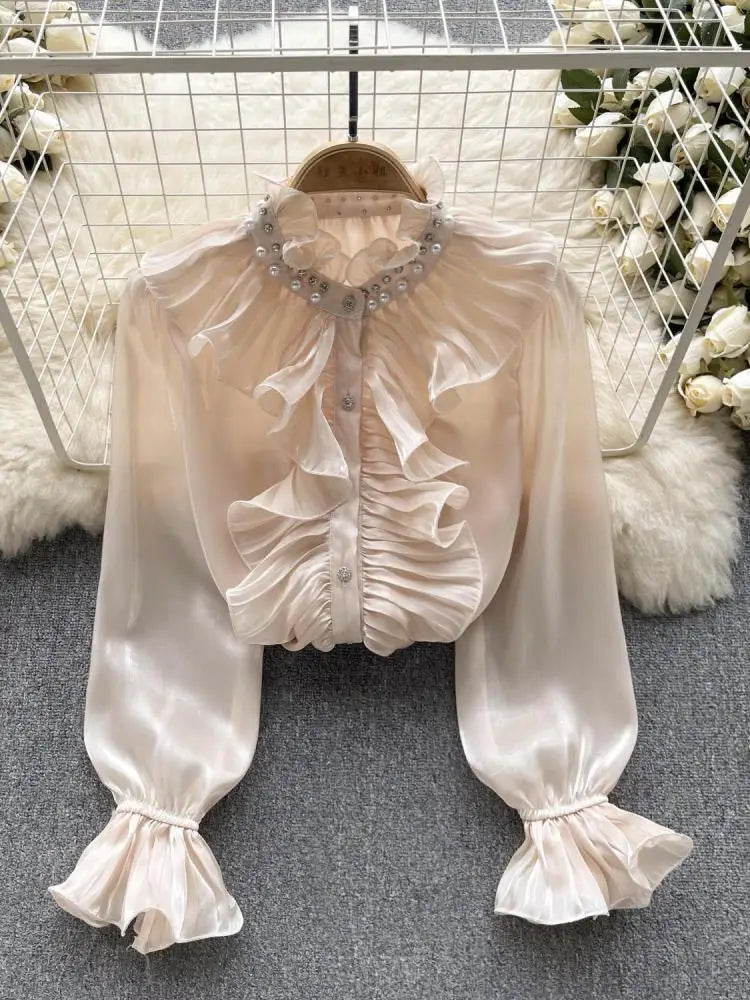 Korean Women Solid Elegant Ruffles Shirt Chic Long Sleeve Lace Ruffles Stand Collar Casual Loose Blouses Tops Autumn Vintage Y2k