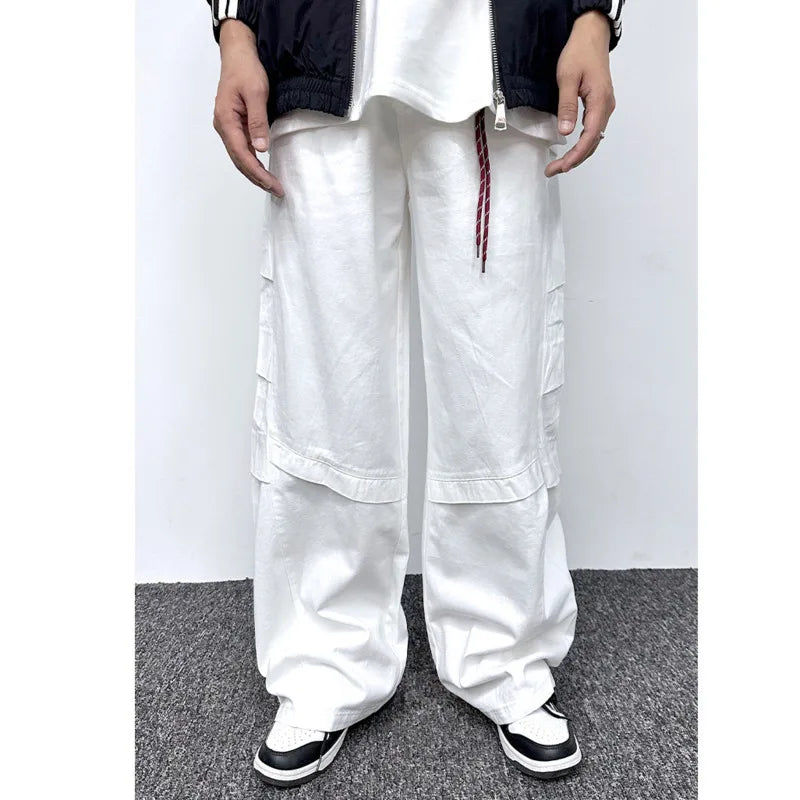 Men's Cargo Pants Star Hanging Decoration Loose Straight Wide Leg Casual Multi Pockets Design Male Trousers Summer 9W1860