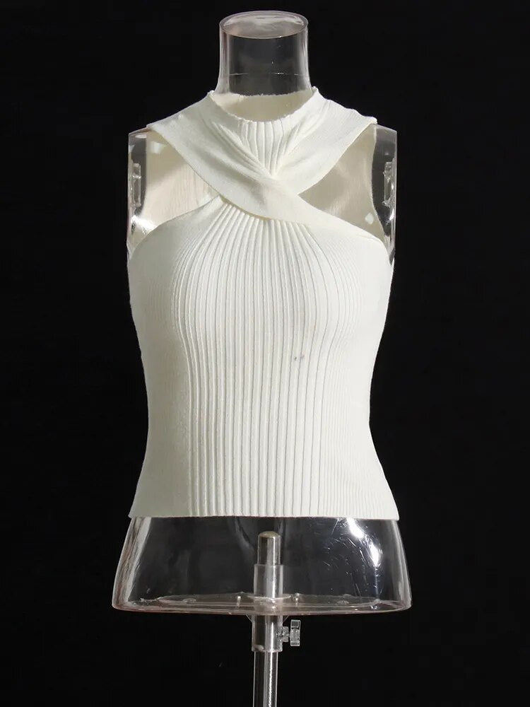 Minimalist Vrisscross Tank Tops For Women Halter Sleeveless Slim Off Shoulder Y2K Temperament Vest Female Fashion