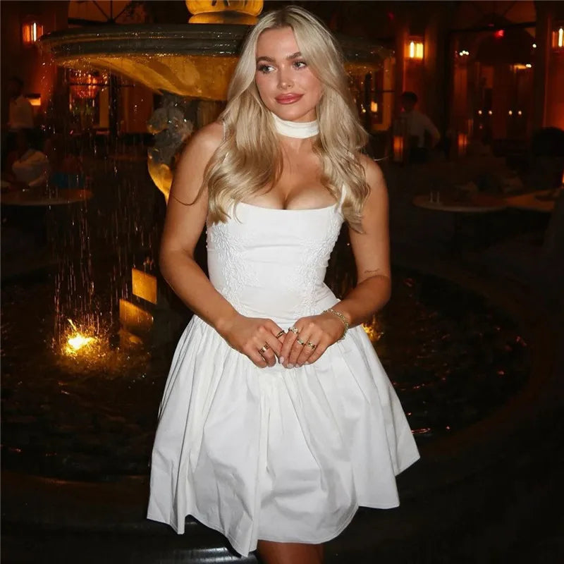 Backless Lace-up A-line Sexy Mini Dress For Women Fashion Spaghetti Strap Sleeveless Loose Club Party Dress Elegant