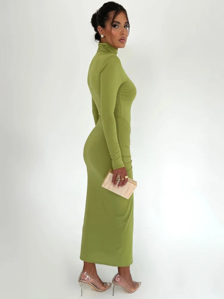 Elegant Turtleneck Long Sleeve Bodycon Maxi Dress Women Autumn Winter New Ruched Club Party Sexy Dress Vestidos