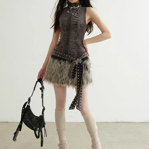 Load image into Gallery viewer, Women Gray Fur Spliced Bandage Elegant Mini Dress New Turtleneck Sleeveless Fashion Tide Spring Autumn 2025 1DH9342

