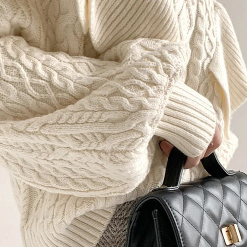 Load image into Gallery viewer, Patchwork Ruffles Knitting Sweaters For Women Half High Collar Lantern Sleeve Loose Solid Sweater Female Fashion
