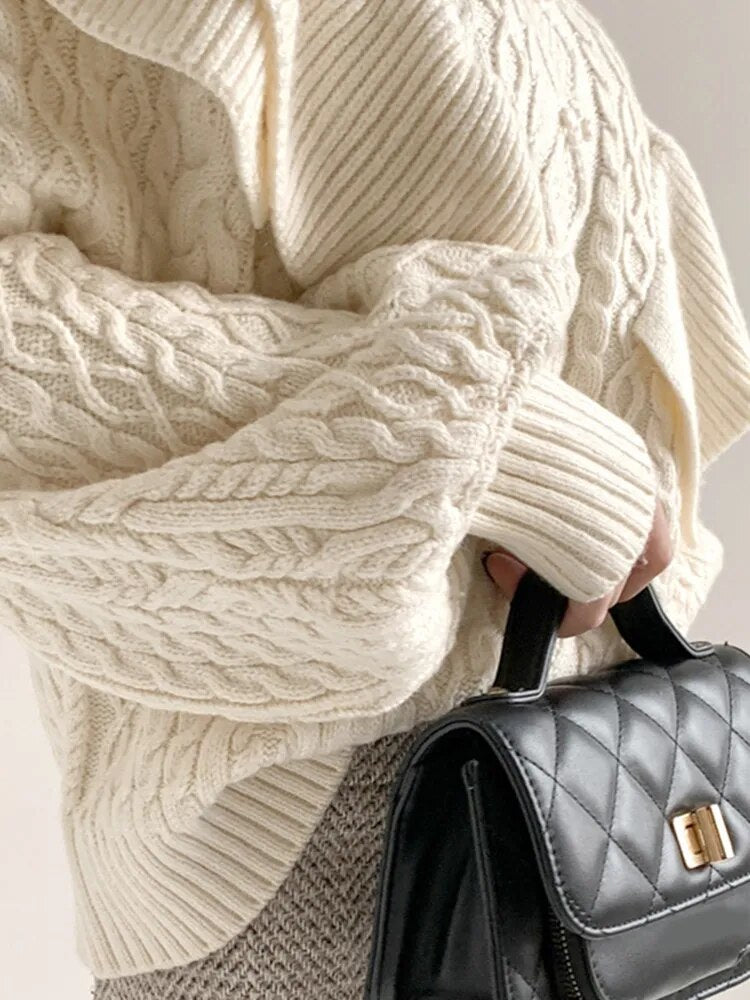 Patchwork Ruffles Knitting Sweaters For Women Half High Collar Lantern Sleeve Loose Solid Sweater Female Fashion