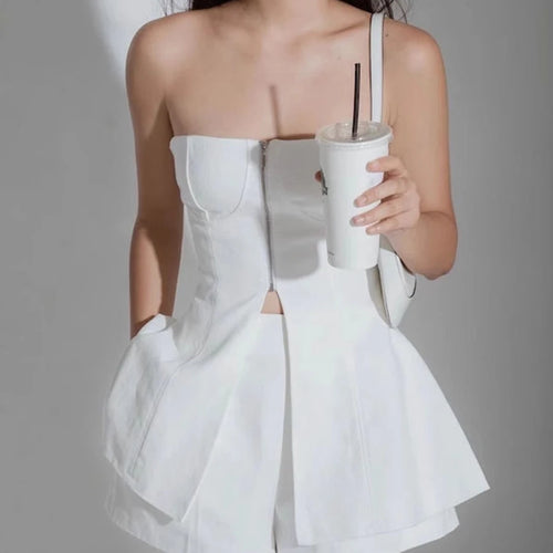 Load image into Gallery viewer, Solid Spliced Zipper Two Piece Set For Women Strapless Sleeveless Vest High Waist Shorts Elegnat Sets Female New
