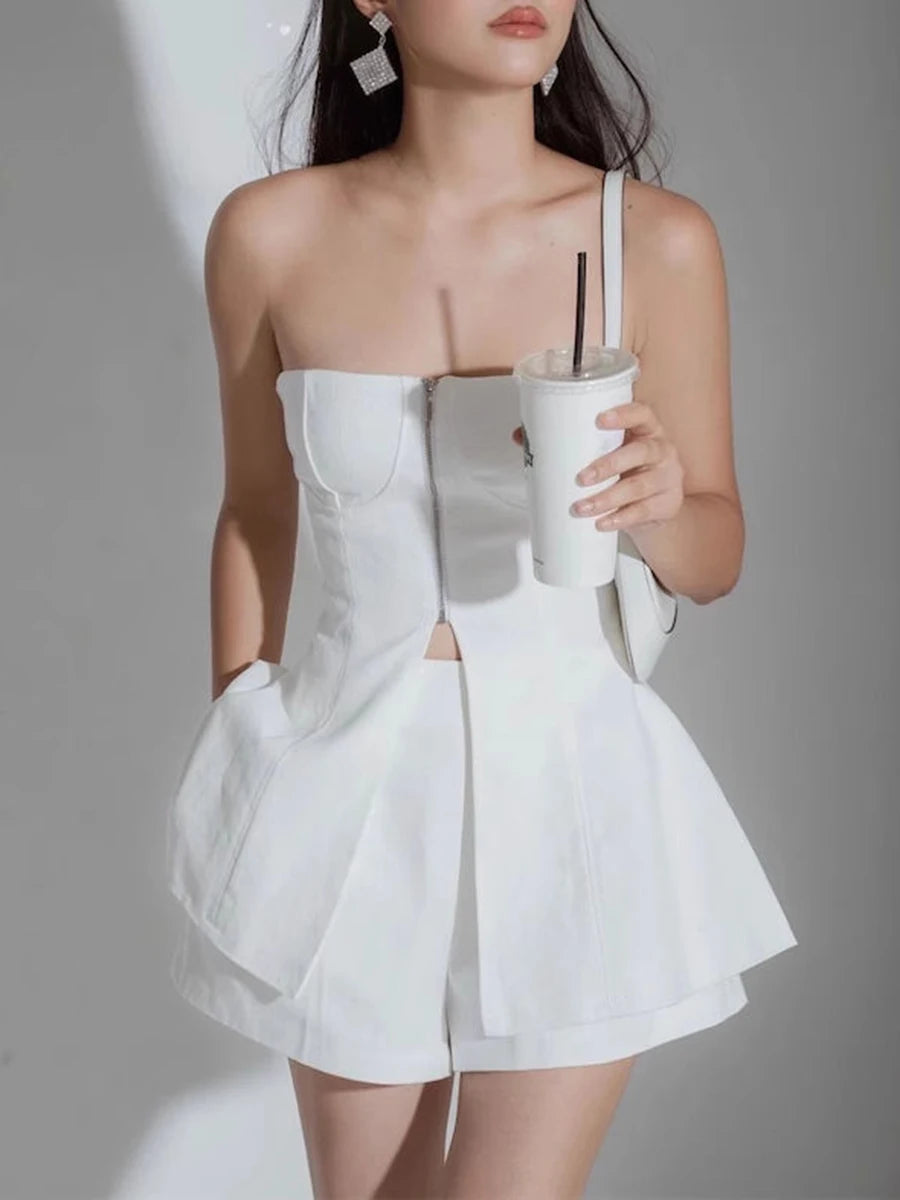 Solid Spliced Zipper Two Piece Set For Women Strapless Sleeveless Vest High Waist Shorts Elegnat Sets Female New