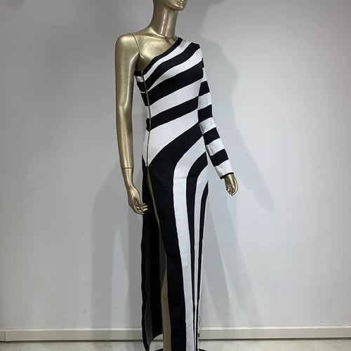 Load image into Gallery viewer, Hit Color Slimming Striped Dresses For Women Diagonal Collar One Shoulder Sleeve High Waist Split Dress Female New
