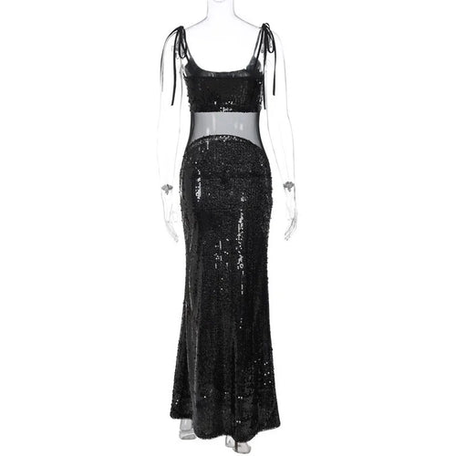 Load image into Gallery viewer, Sheer Mesh Spaghetti Strap Sexy Maxi Dress For Women Gown Glitter Sleeveless Backless High Waist Bodycon Club Dress
