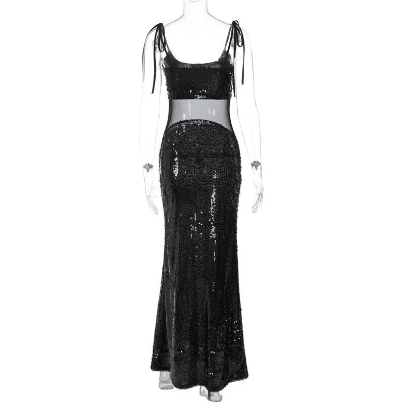 Sheer Mesh Spaghetti Strap Sexy Maxi Dress For Women Gown Glitter Sleeveless Backless High Waist Bodycon Club Dress