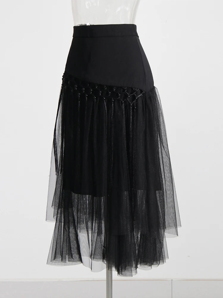 Patchwork Mesh Skirts For Women High Waist A Line Elegant Summer Spliced Button Skirt Female Fashion Style Clothing