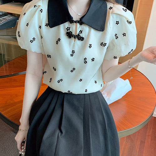 Load image into Gallery viewer, Printed Puff Sleeve Chic Bow Straight Female Blouse Korean Style Chiffon Peter Pan Collar Basic Fashion Women&#39;s Blouses
